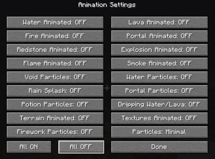 Animation Settings Menu in Minecraft