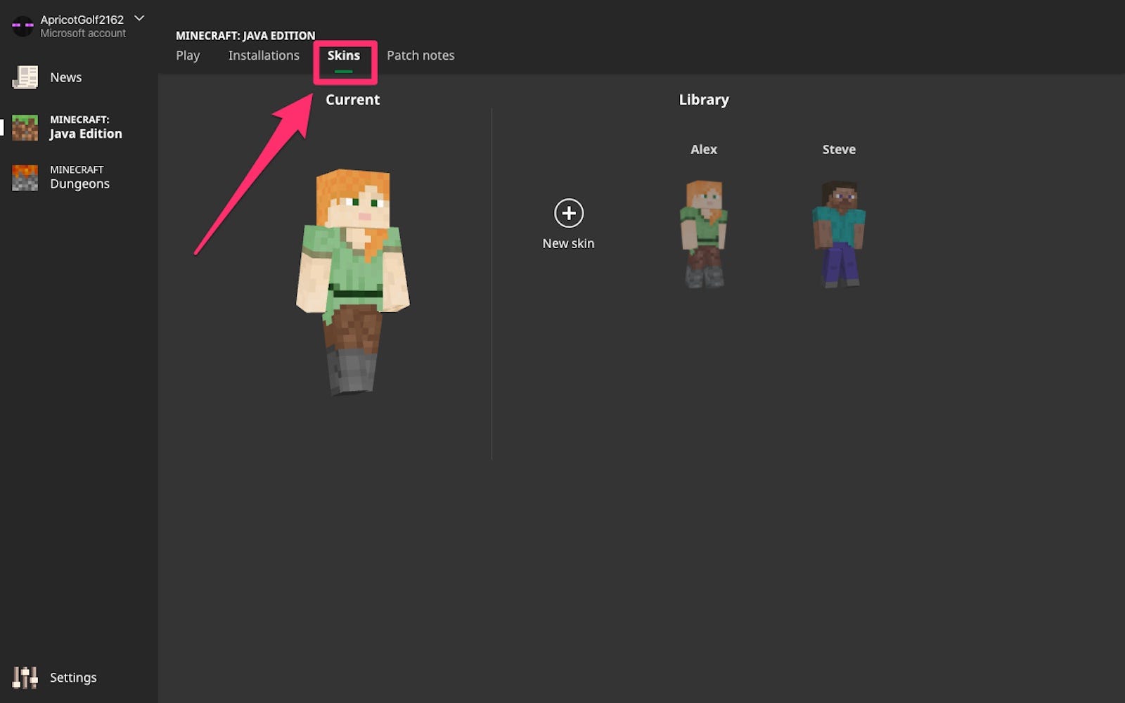 Screenshot of Minecraft Launcher with the Skins tab highlighted.