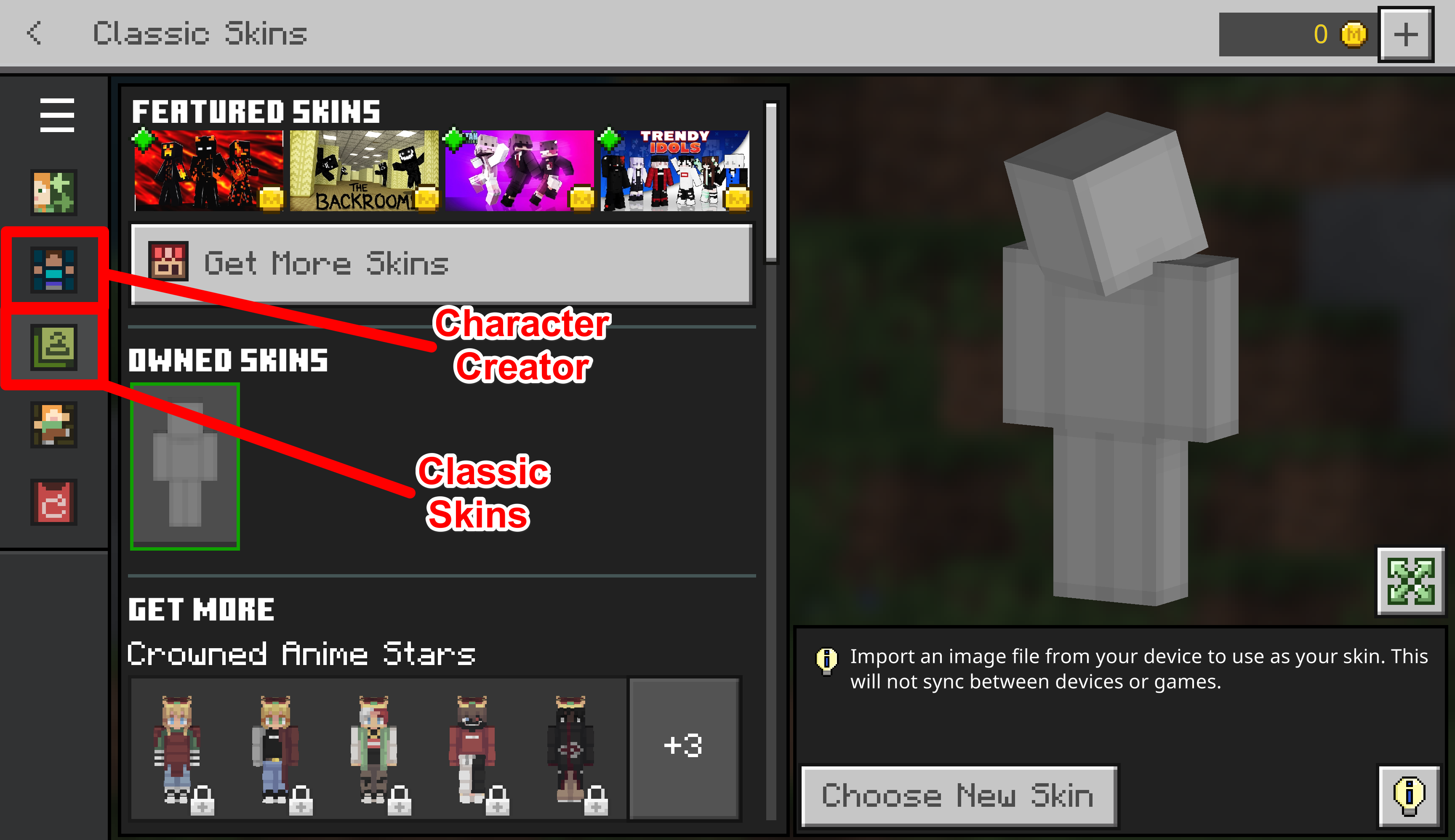 Red arrows pointing to the two icons to change your character’s skin, called Character Creator and Classic Skins.